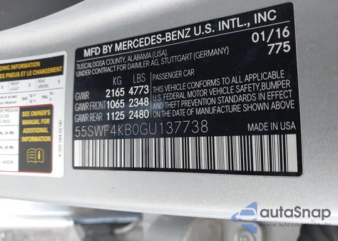 2016 Mercedes-Benz C 300 4Matic из США, поврежденный, VIN 55SWF4KB0GU137738